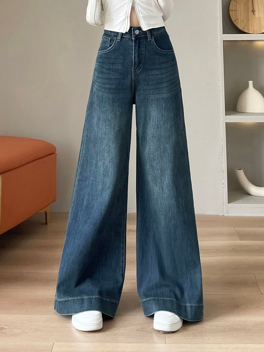 YEEYEEWang Wide Leg Denim Pants in Nostalgic Blue �High waist, tummy control design tailored for Asian fit, full-length front view