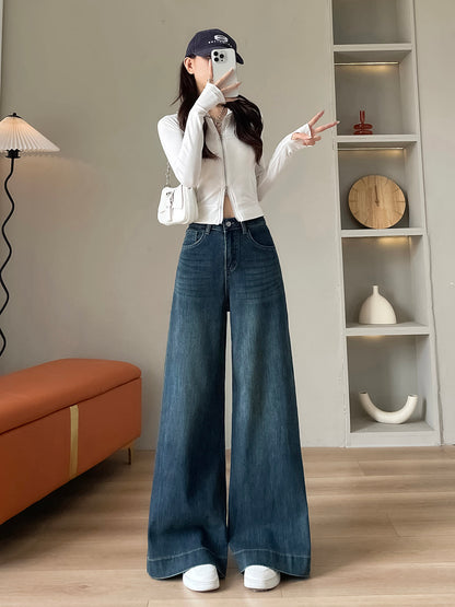 YEEYEEWang wide-leg jeans in mid-wash blue, Asian-fit cut, front lifestyle look on model.