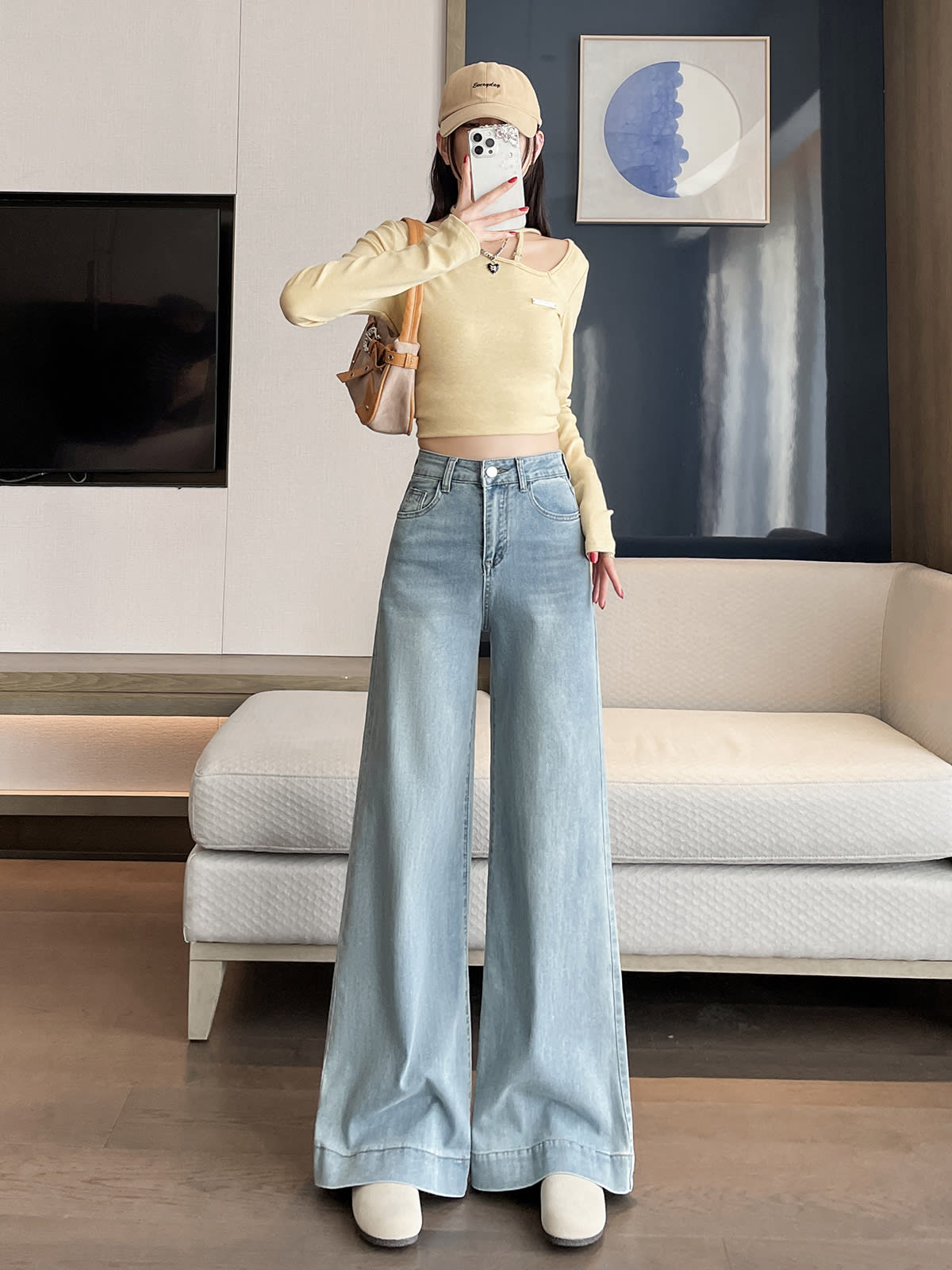 YEEYEEWang wide-leg jeans in light wash blue, Asian-fit cut, front lifestyle look on model.