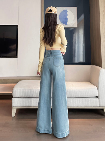 YEEYEEWang wide-leg jeans in light wash blue, Asian-fit cut, back lifestyle view on model.