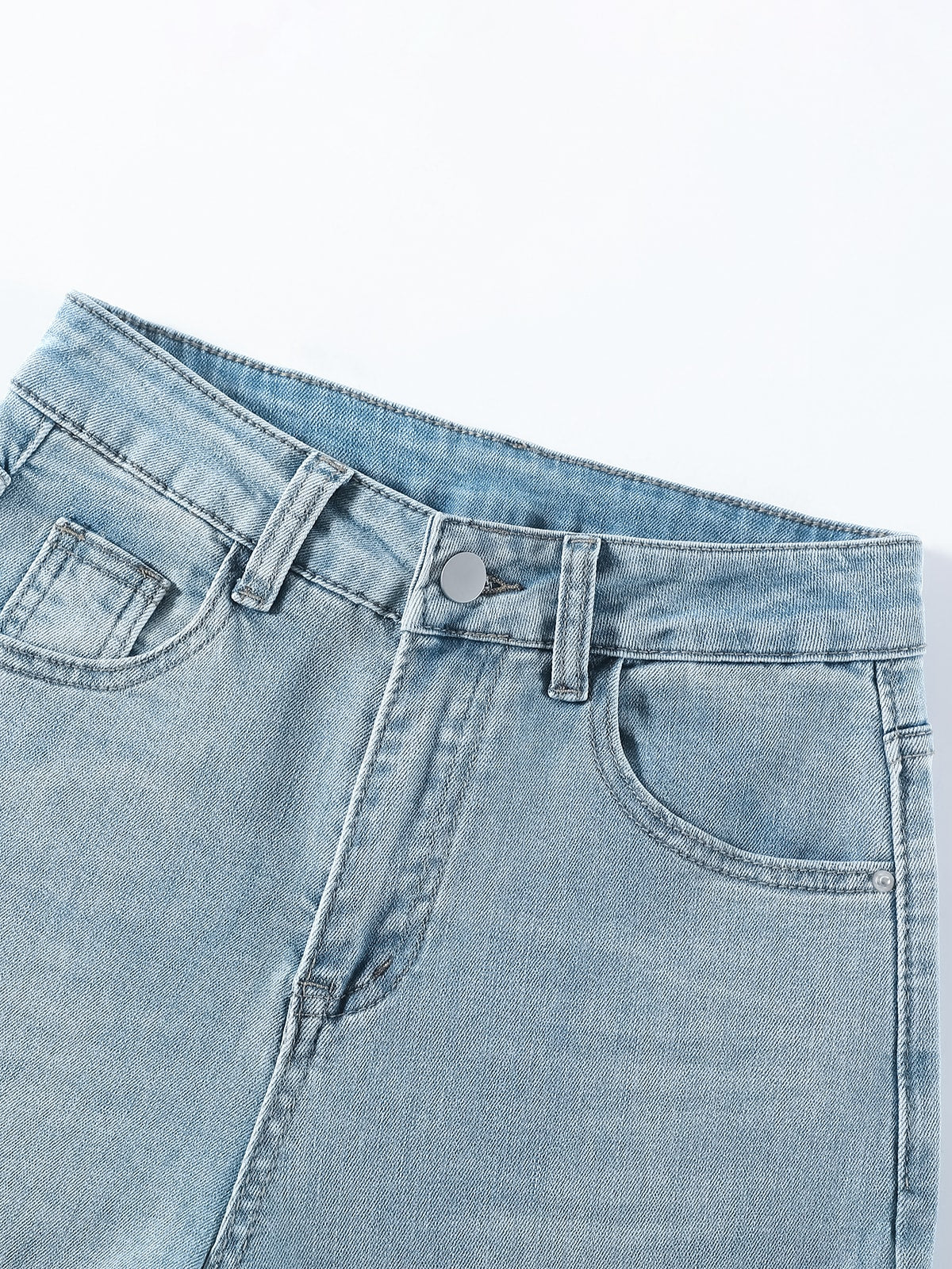 YEEYEEWang wide-leg jeans in light wash blue, Asian-fit cut, close-up of waist and button.