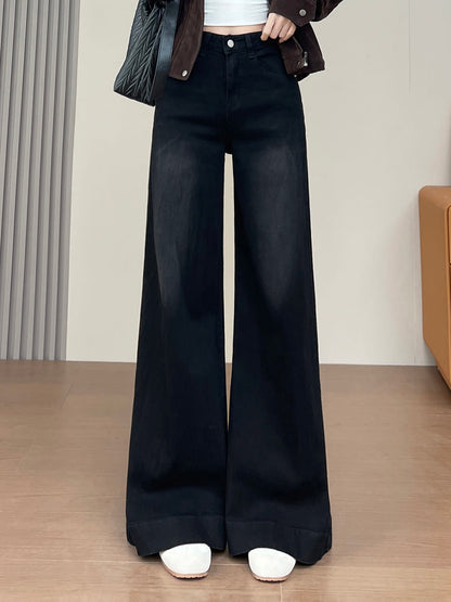 YEEYEEWang wide-leg jeans in solid black, Asian-fit cut, variant thumbnail showing front fit.