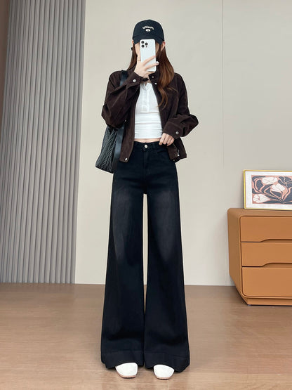 YEEYEEWang wide-leg jeans in solid black, Asian-fit cut, front lifestyle look on model.