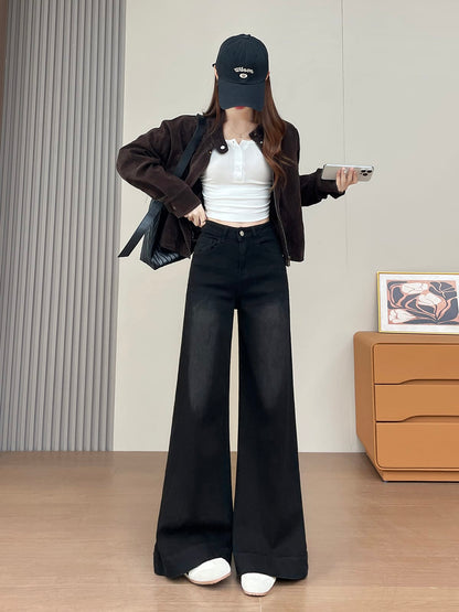 YEEYEEWang wide-leg jeans in solid black, Asian-fit cut, dynamic pose showing drape.