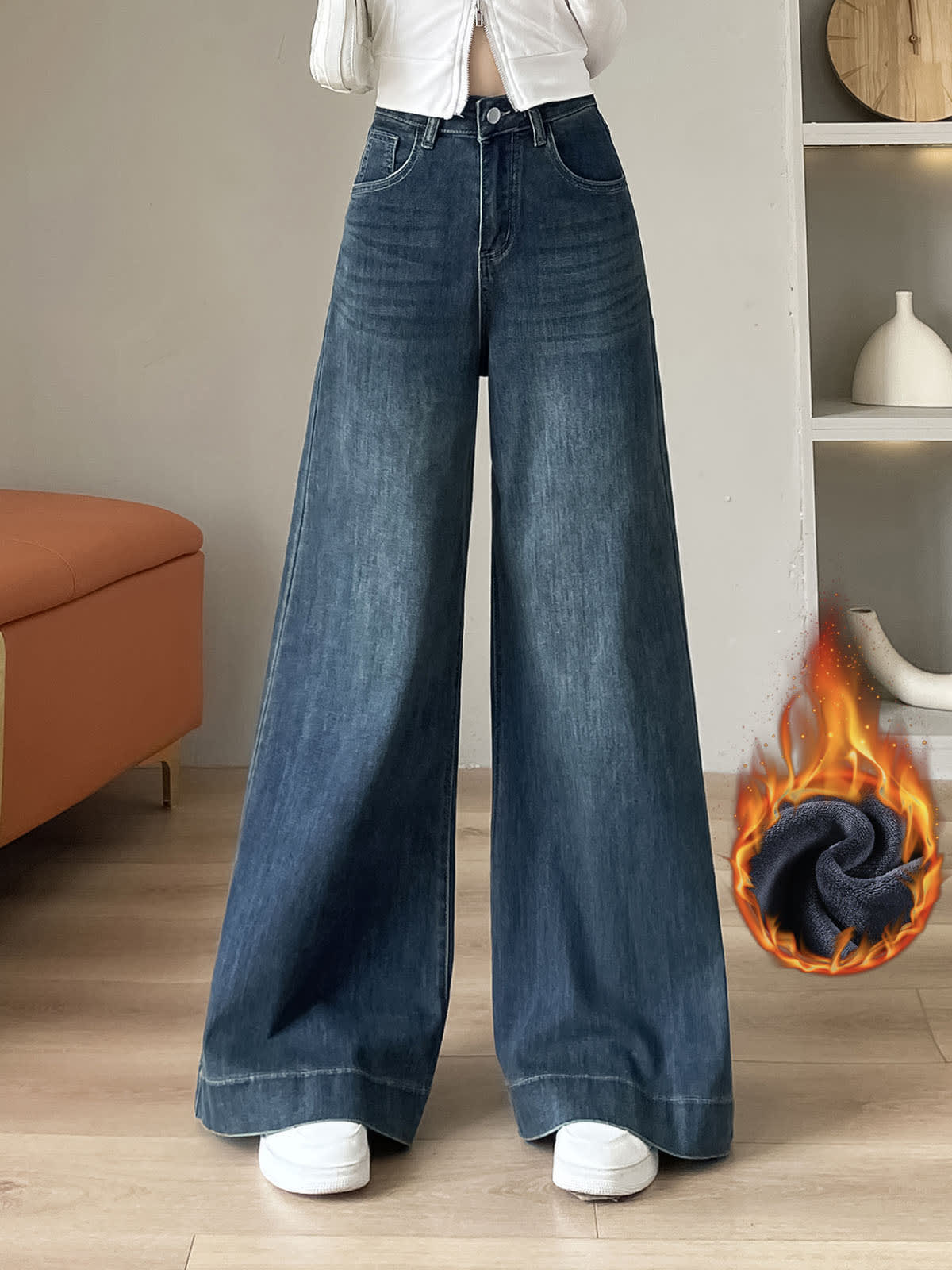 Jeans à jambes larges YEEYEEWang doublés polaire en bleu lavé moyen, coupe Asian-fit, vignette de variante.