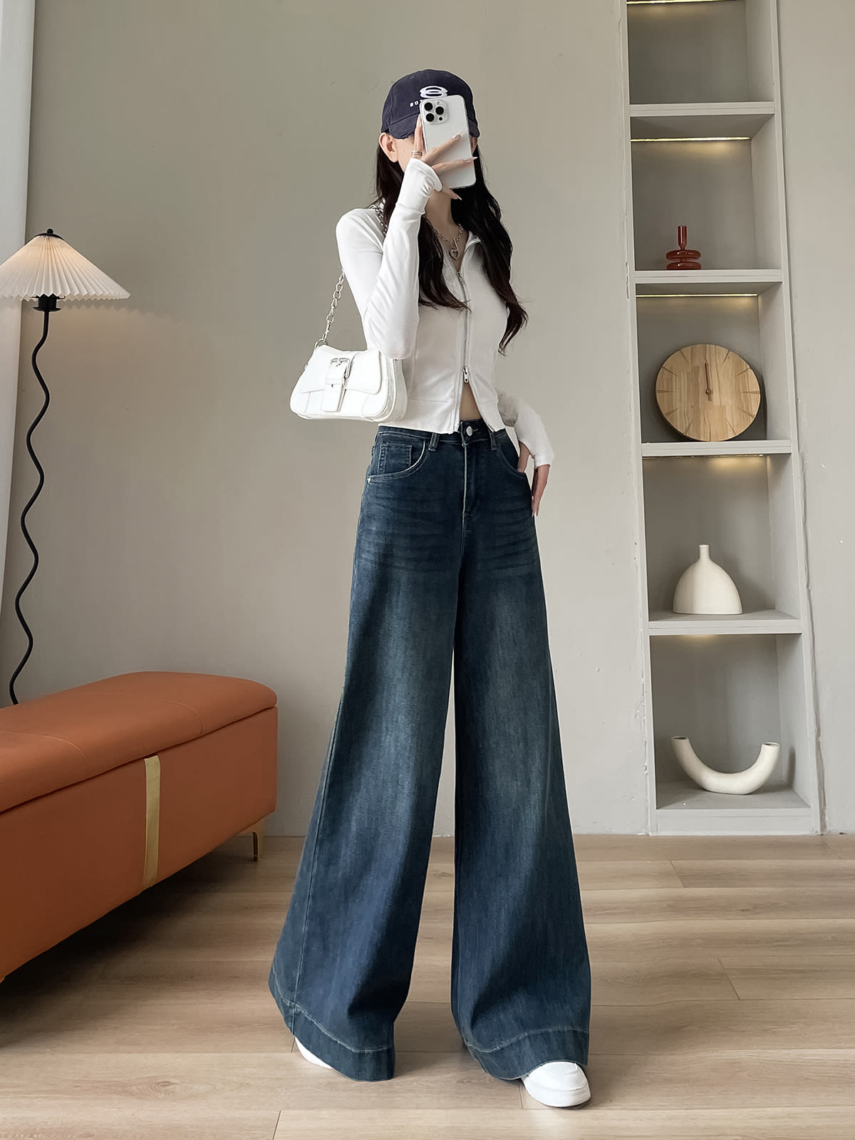 YEEYEEWang fleece-lined wide-leg jeans in mid-wash blue, Asian-fit cut, dynamic pose.