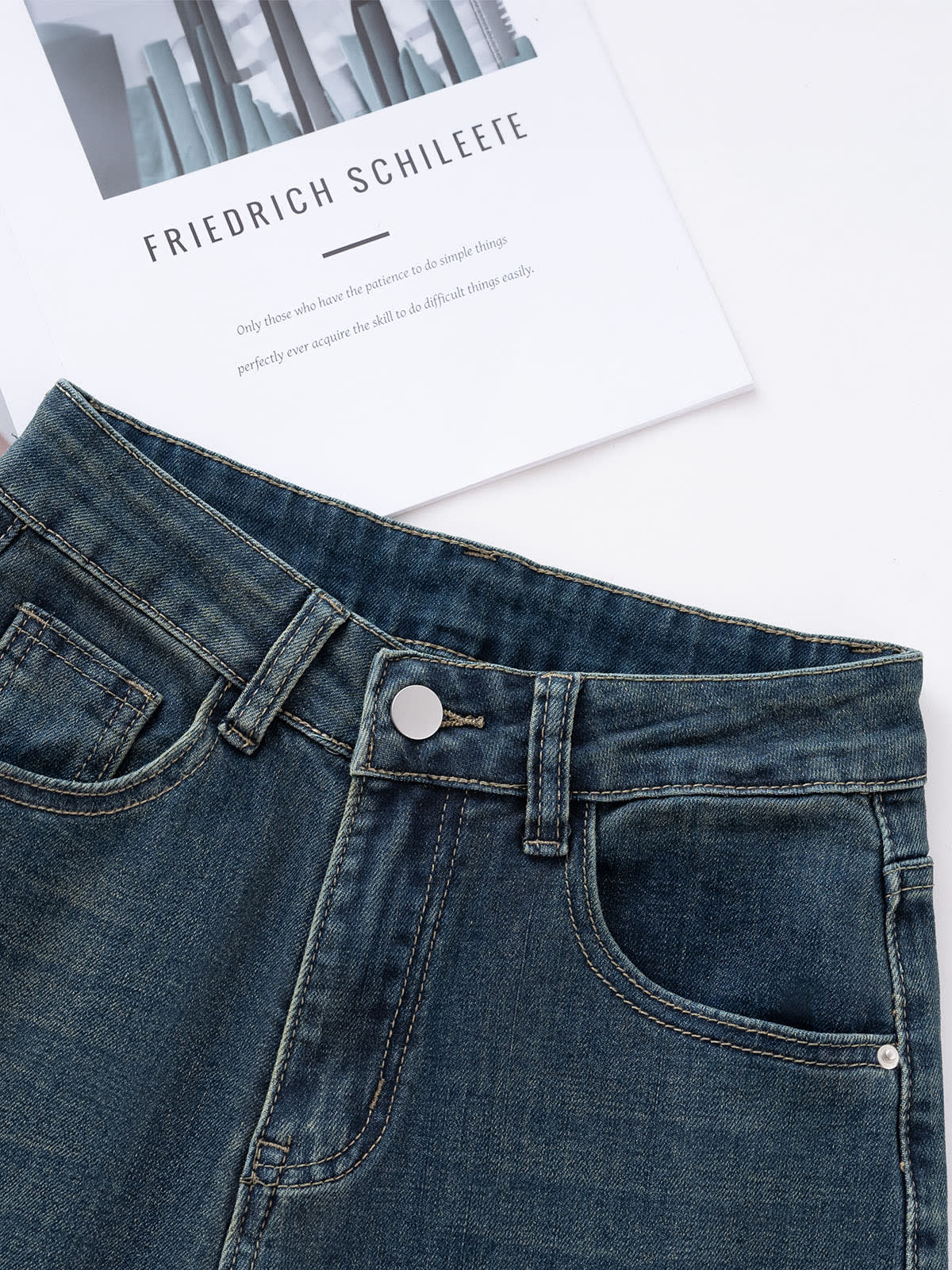 YEEYEEWang fleece-lined wide-leg jeans in mid-wash blue, Asian-fit cut, waist and button detail.