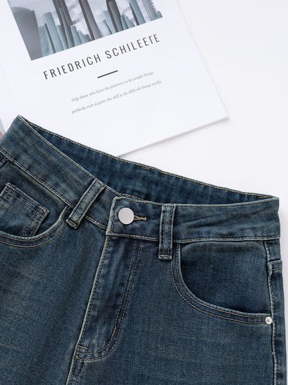 YEEYEEWang fleece-lined wide-leg jeans in mid-wash blue, Asian-fit cut, waist and button detail.