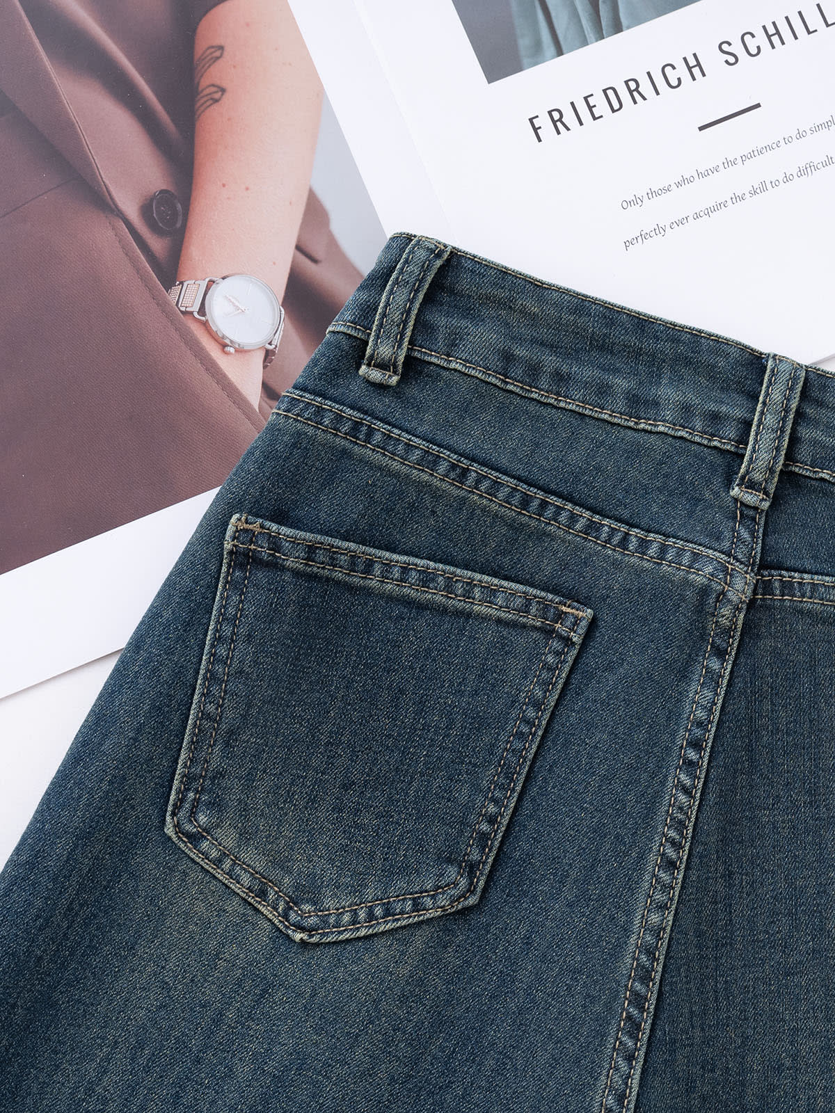 YEEYEEWang fleece-lined wide-leg jeans in mid-wash blue, Asian-fit cut, back pocket detail.