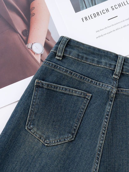 YEEYEEWang fleece-lined wide-leg jeans in mid-wash blue, Asian-fit cut, back pocket detail.