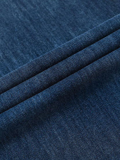 YEEYEEWang fleece-lined wide-leg jeans in vintage blue, Asian-fit cut, fabric texture.