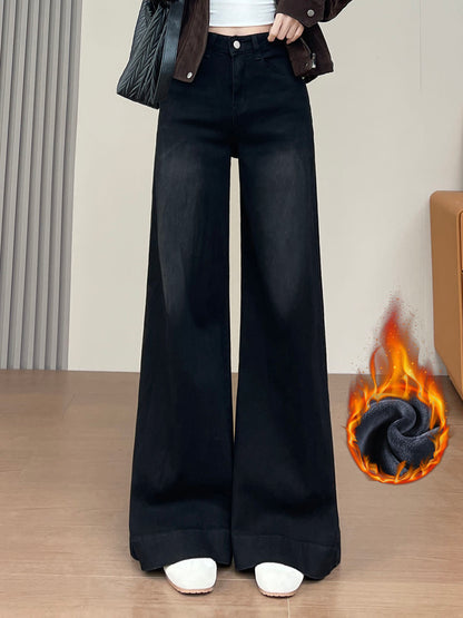 Jeans à jambes larges YEEYEEWang doublés polaire en noir uni, coupe Asian-fit, vignette de variante.