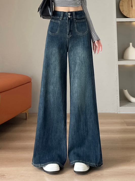 YEEYEEWang wide-leg jeans in mid-wash blue, Asian-fit cut, variant thumbnail showing front design.