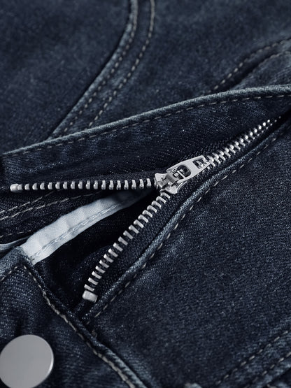 YEEYEEWang wide-leg jeans in mid-wash blue, Asian-fit cut, detailed view of smooth zipper.