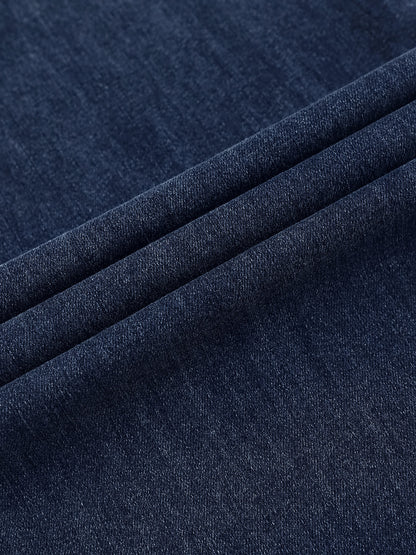 YEEYEEWang wide-leg jeans in mid-wash blue, Asian-fit cut, close-up of denim fabric texture.