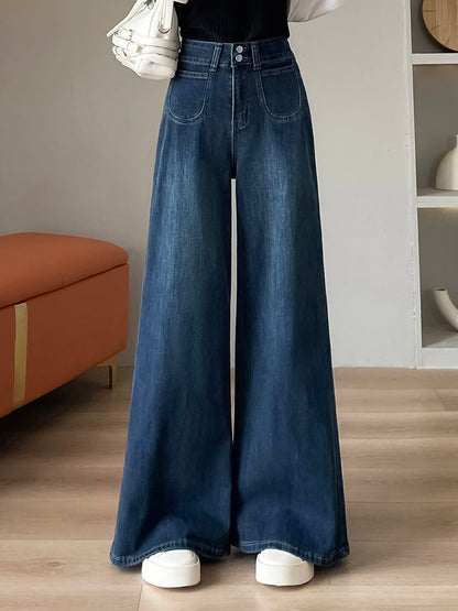 YEEYEEWang wide-leg jeans in vintage blue, Asian-fit cut, variant thumbnail showing front design.