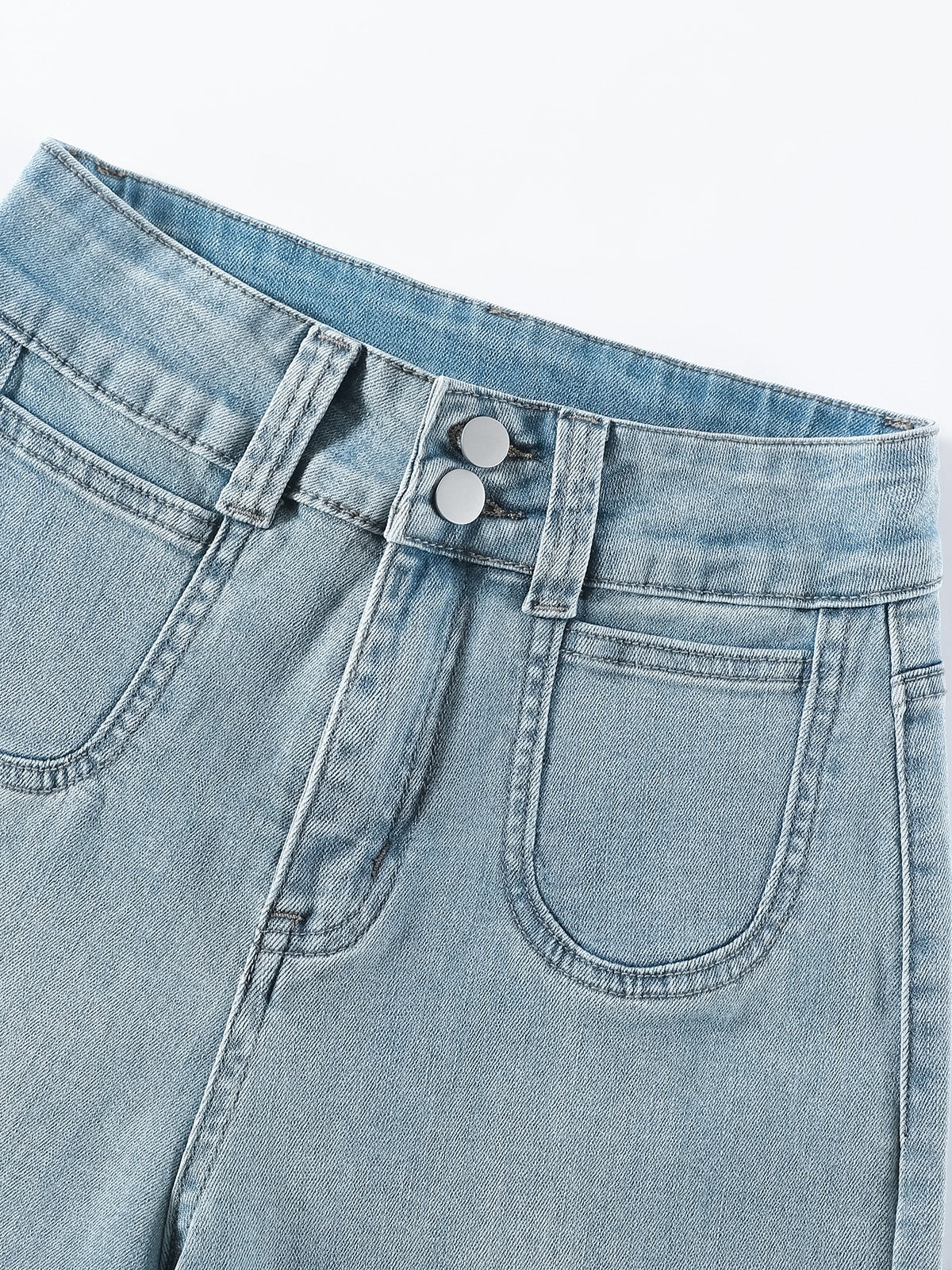 YEEYEEWang wide-leg jeans in light wash blue, Asian-fit cut, close-up of double button waist.
