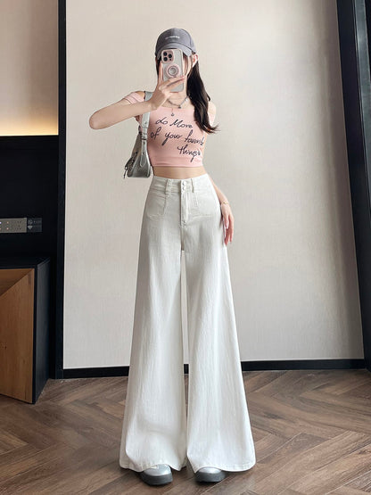 YEEYEEWang wide-leg jeans in white, Asian-fit cut, model wearing front view with casual top.