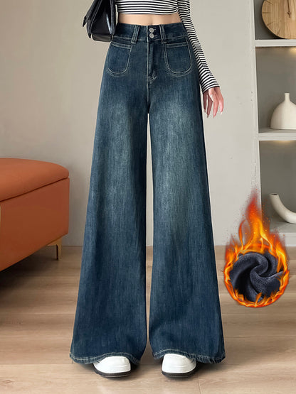 YEEYEEWang wide-leg jeans in fleece-lined mid-wash blue, Asian-fit cut, variant thumbnail showing warmth.