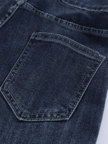 YEEYEEWang wide-leg jeans in fleece-lined mid-wash blue, Asian-fit cut, back pocket stitching detail.