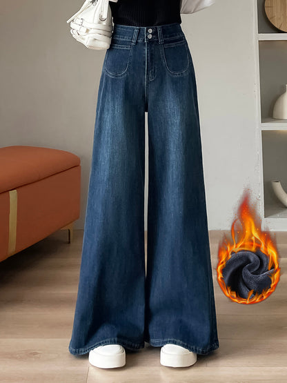 YEEYEEWang wide-leg jeans in fleece-lined vintage blue, Asian-fit cut, variant thumbnail showing warmth.