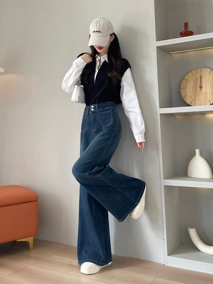 YEEYEEWang wide-leg jeans in fleece-lined vintage blue, Asian-fit cut, full look with accessories.