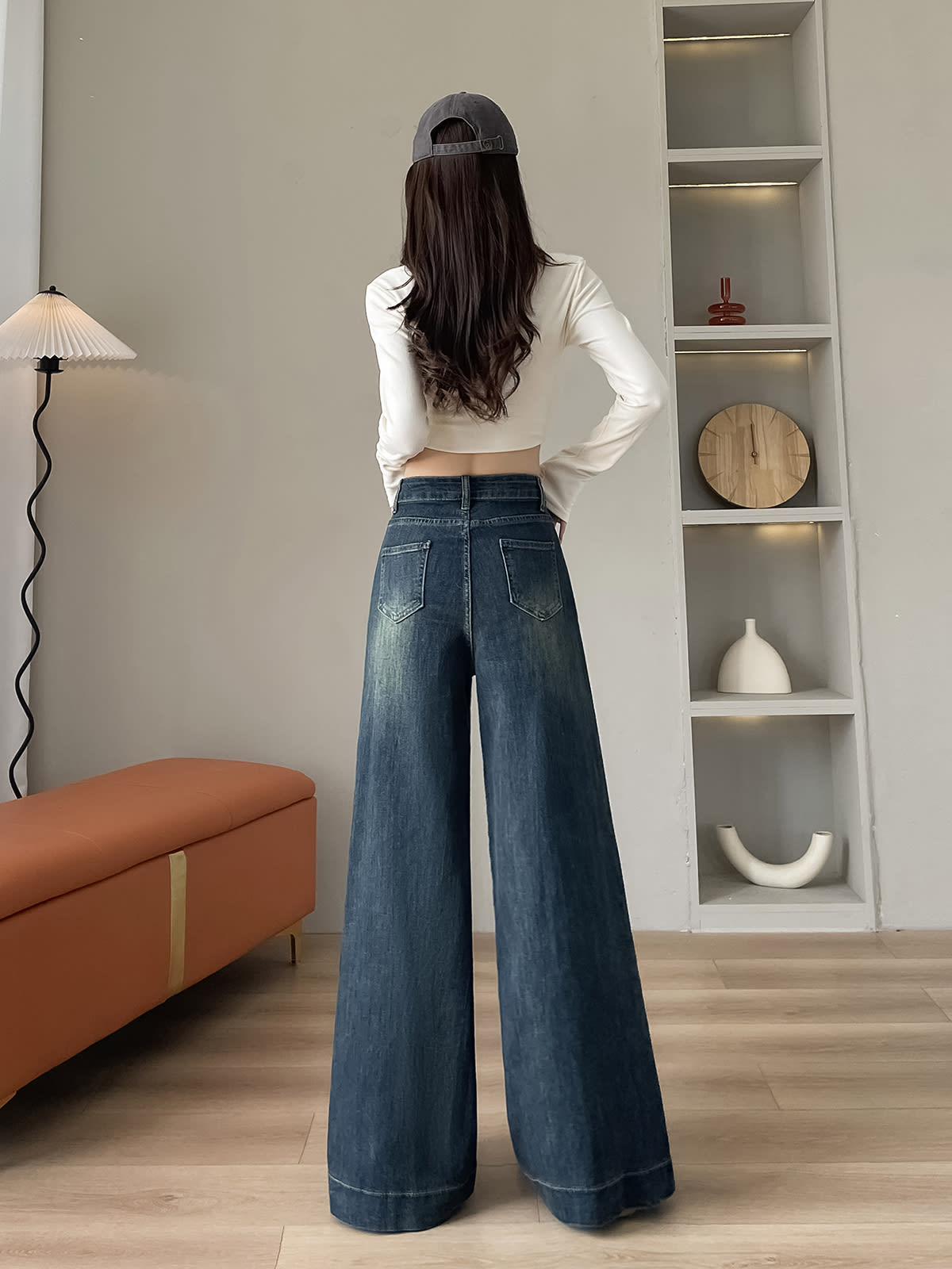 YEEYEEWang wide-leg jeans in mid-wash blue, Asian-fit cut, back lifestyle view on model.