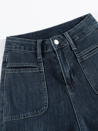 YEEYEEWang wide-leg jeans in mid-wash blue, Asian-fit cut, close-up of waist and button.