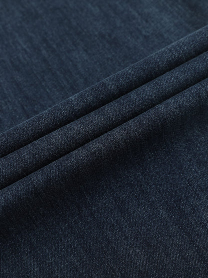 YEEYEEWang wide-leg jeans in mid-wash blue, Asian-fit cut, close-up of denim fabric texture.