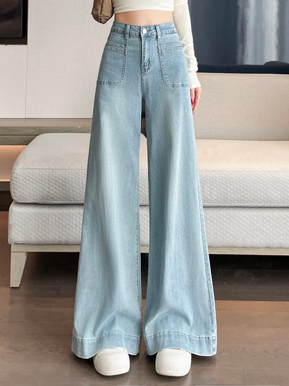 YEEYEEWang wide-leg jeans in light wash blue, Asian-fit cut, variant thumbnail showing front fit.