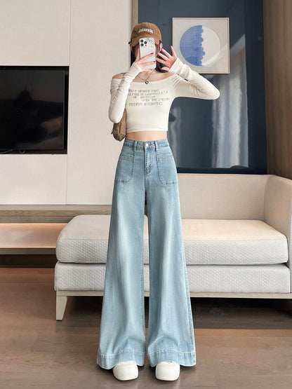 YEEYEEWang wide-leg jeans in light wash blue, Asian-fit cut, front lifestyle look on model.