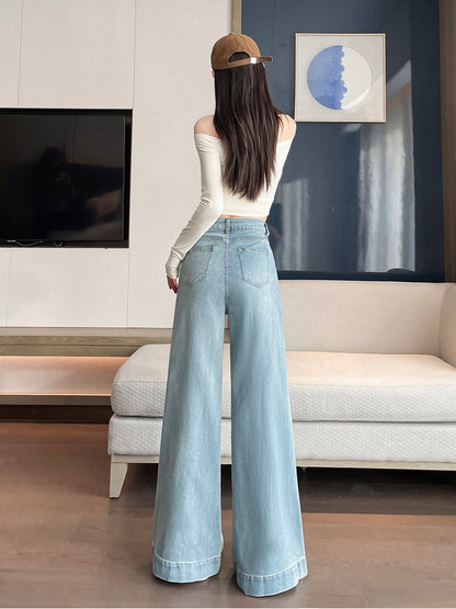 YEEYEEWang wide-leg jeans in light wash blue, Asian-fit cut, back lifestyle view on model.