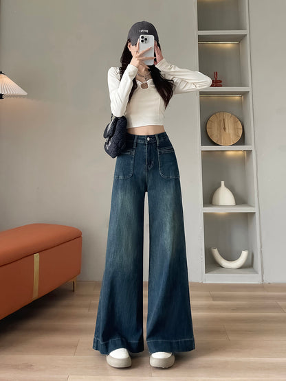 YEEYEEWang fleece-lined wide-leg jeans in mid-wash blue, Asian-fit cut, front lifestyle look.