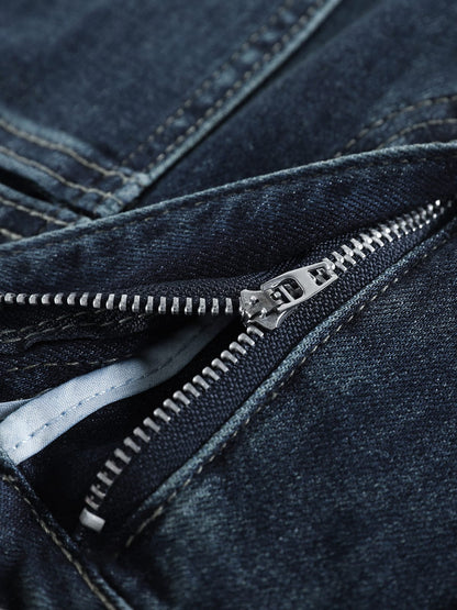 YEEYEEWang fleece-lined wide-leg jeans in mid-wash blue, Asian-fit cut, zipper detail.