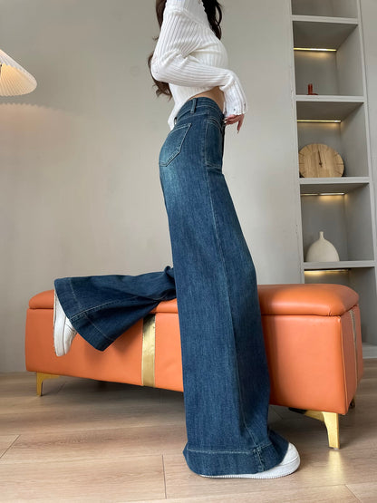 YEEYEEWang fleece-lined wide-leg jeans in vintage blue, Asian-fit cut, leg up showing fit.