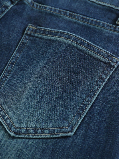 YEEYEEWang fleece-lined wide-leg jeans in vintage blue, Asian-fit cut, back pocket detail.