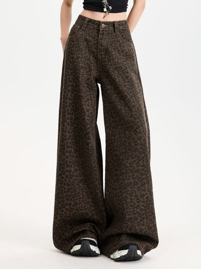 YEEYEEWang Wide-Leg Jeans in Leopard Print, Asian-fit cut, waist-down front view standing in a black crop top and sneakers, variant thumbnail.