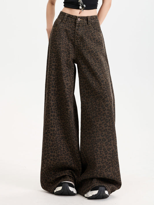 YEEYEEWang Wide-Leg Jeans in Leopard Print, Asian-fit cut, waist-down front view standing in a black crop top and sneakers, variant thumbnail.