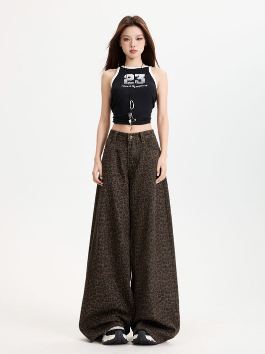 YEEYEEWang Wide-Leg Jeans in Leopard Print, Asian-fit cut, full-body front view standing in a black graphic tank top with arms relaxed.
