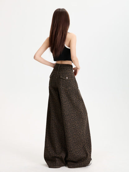 YEEYEEWang Wide-Leg Jeans in Leopard Print, Asian-fit cut, full-body back view standing with hands on hips in a black camisole, showing flap back pockets.