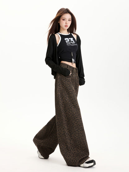 YEEYEEWang Wide-Leg Jeans in Leopard Print, Asian-fit cut, full-body side view walking in a black cardigan layered over a tank top.