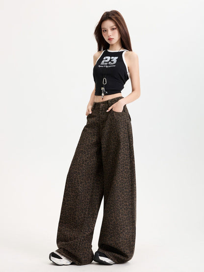 YEEYEEWang Wide-Leg Jeans in Leopard Print, Asian-fit cut, full-body three-quarter view standing with one hand in the front pocket.