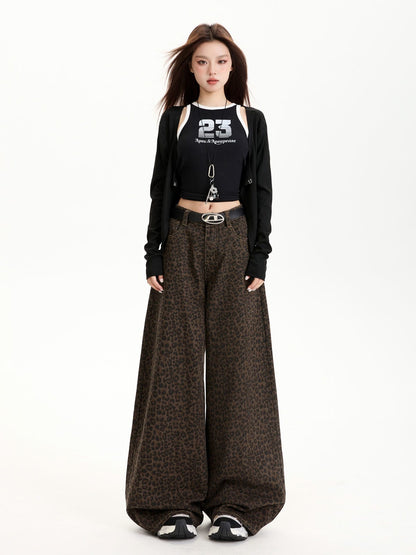 YEEYEEWang Wide-Leg Jeans in Leopard Print, Asian-fit cut, full-body front view standing in a black cardigan with an oval-buckle belt.