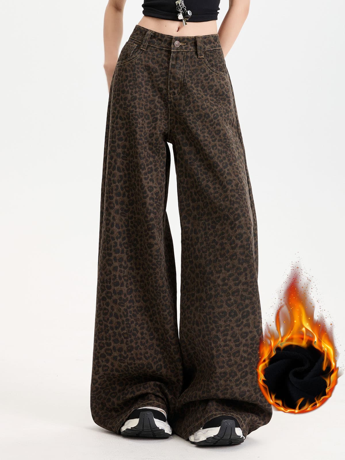YEEYEEWang Fleece-Lined Wide-Leg Jeans in Leopard Print, Asian-fit cut, waist-down front view with flame warmth graphic, variant thumbnail.