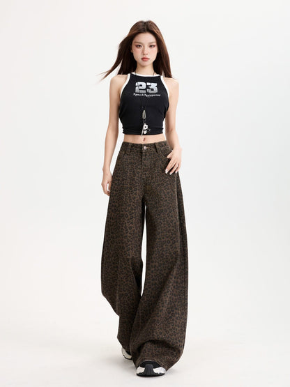 YEEYEEWang Fleece-Lined Wide-Leg Jeans in Leopard Print, Asian-fit cut, full-body front standing pose with hand resting at the pocket, black tank top.