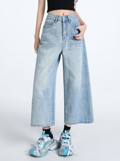 YEEYEEWang Wide-Leg Jeans in Light Blue, Asian-fit cut, waist-down front standing with one hand in front pocket, chunky sneakers, variant thumbnail.