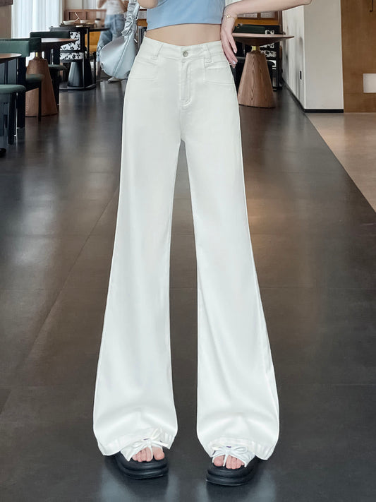 YEEYEEWang Flare Jeans in White, Asian-fit cut, waist-down front view showing high-rise waistband and stacked fluid hems, variant thumbnail.