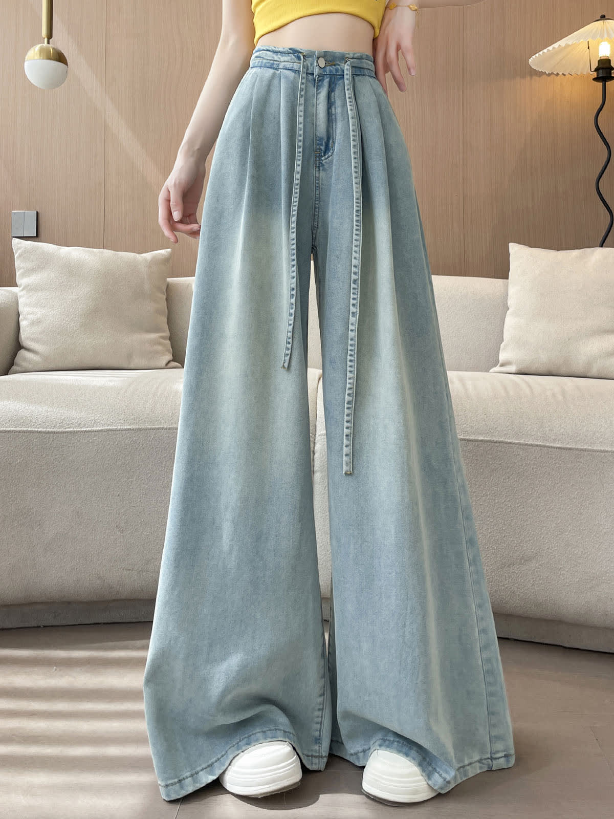 YEEYEEWang Wide-Leg Jeans in Light Blue, Asian-fit cut, waist-down standing view with drawstring waist and wide-leg drape, variant thumbnail.