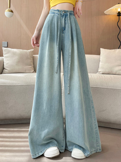 YEEYEEWang Wide-Leg Jeans in Light Blue, Asian-fit cut, waist-down standing view with drawstring waist and wide-leg drape, variant thumbnail.