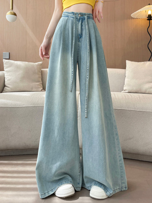 YEEYEEWang Wide-Leg Jeans in Light Blue, Asian-fit cut, waist-down standing view with drawstring waist and wide-leg drape, variant thumbnail.